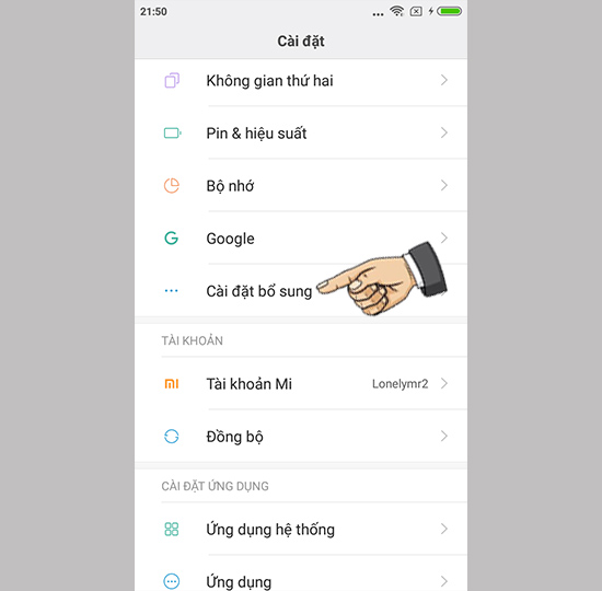 Vào cài đặt bổ sung